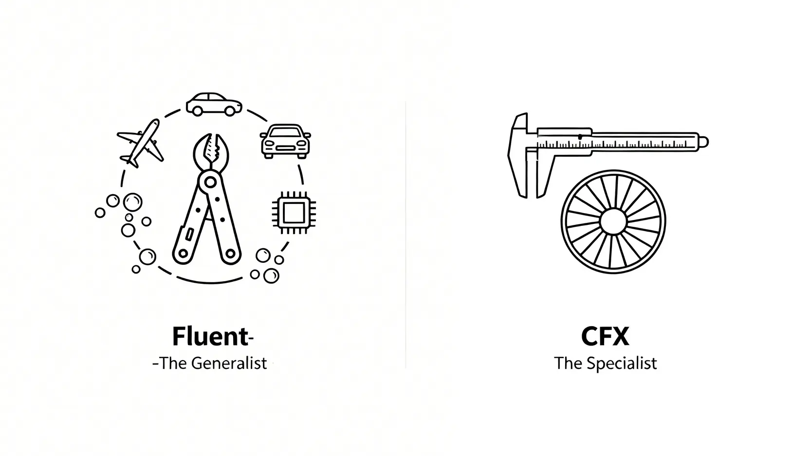 Ansys Fluent教學全攻略:一篇搞懂與CFX的選擇難題與應用案例 Ansys Fluent 與 Ansys CFX 的核心差異對比圖,Fluent 如同瑞士軍刀般通用,CFX 如同專業工具般精準。