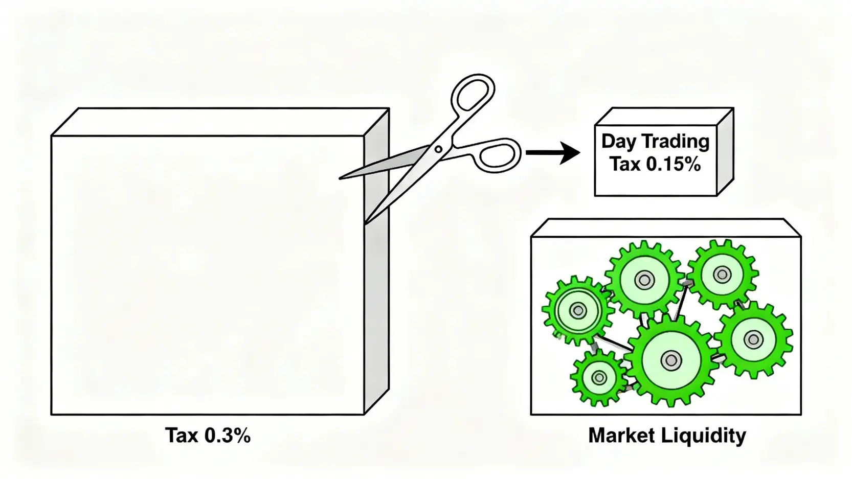 當沖降稅延長至2027!股票當沖稅率怎麼算?5分鐘看懂證交稅計算懶人包 當沖降稅政策示意圖,顯示交易稅從0.3%被剪刀切半變為0.15%,從而帶動市場流動性的齒輪運轉。