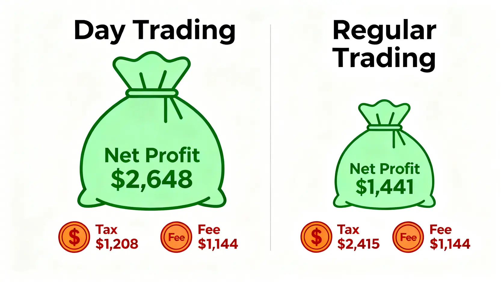 當沖降稅延長至2027!股票當沖稅率怎麼算?5分鐘看懂證交稅計算懶人包 當沖交易與一般交易的稅後淨利比較圖,顯示當沖交易因稅金較低,最終獲利較多。