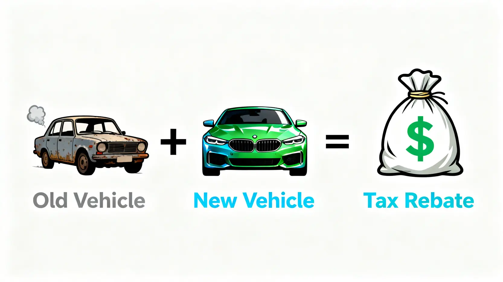 2026貨物稅退稅懶人包:節能家電、汽機車汰舊換新申請資格與流程全攻略 汽機車汰舊換新貨物稅補助概念圖,顯示報廢舊車並購買新車可獲得退稅。