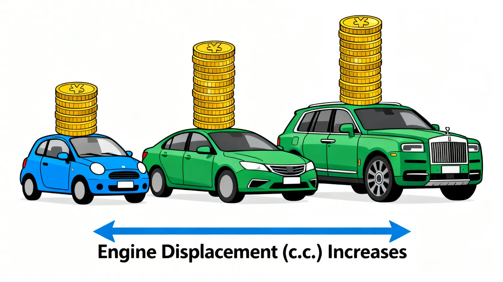 牌照稅總整理:2026汽車/機車/電動車稅額表、燃料費查詢繳費一篇搞懂! 汽車牌照稅級距示意圖,顯示隨著車輛汽缸排氣量增加,稅額也隨之增高。