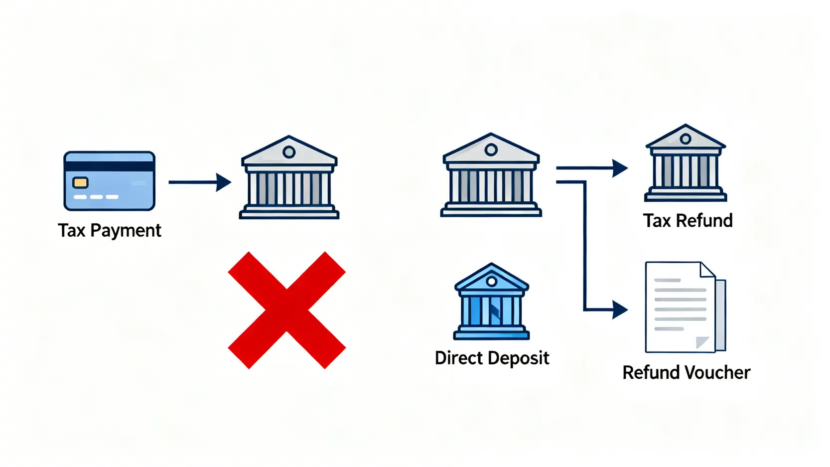 2026所得稅退稅時間何時入帳?3批次時程、資格查詢、信用卡退稅全攻略 一張圖說明信用卡繳稅與退稅的流程,顯示退稅款項是透過銀行直撥或退稅憑單發放,並不會退回信用卡。