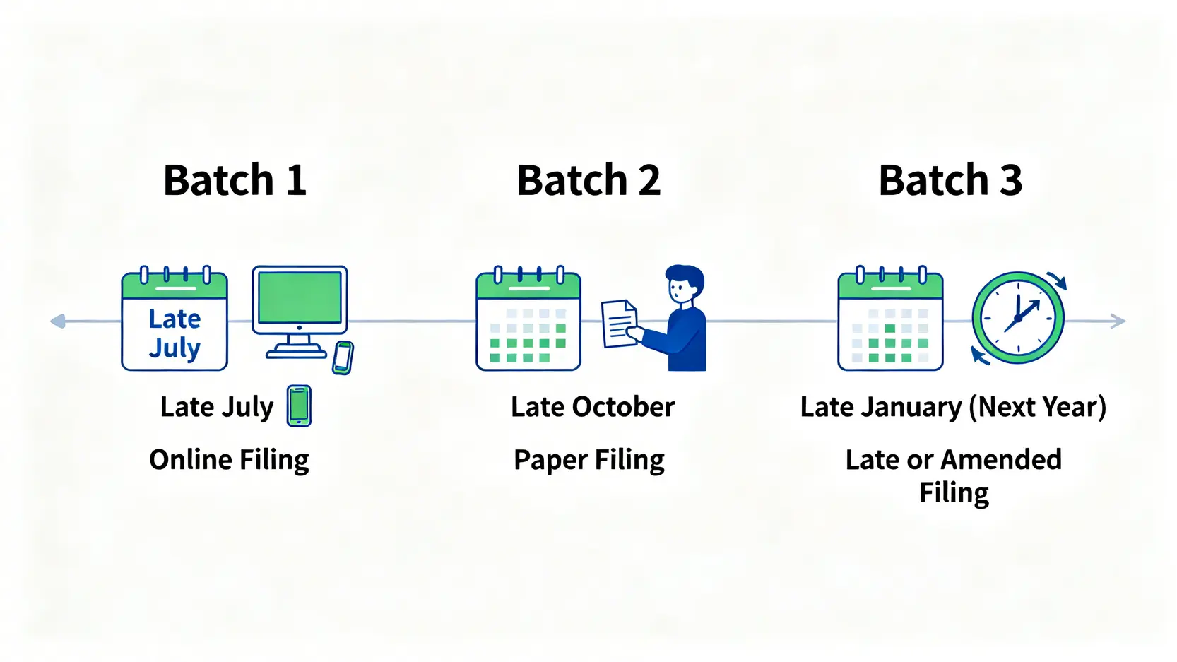 2026所得稅退稅時間何時入帳?3批次時程、資格查詢、信用卡退稅全攻略 2026年所得稅退稅三批次時間與資格的示意圖,分別說明了7月底、10月底及隔年1月底的退稅對象。