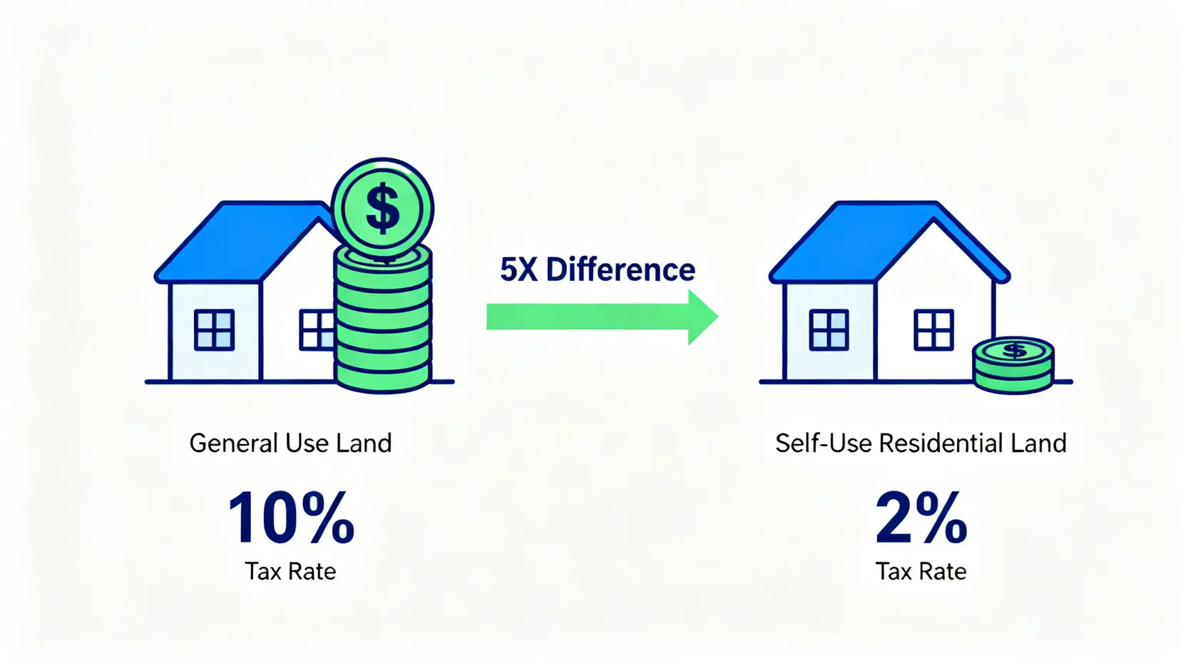 地價稅自用住宅稅率差5倍!2026減免申請、計算方法一篇搞懂 一張對比圖,顯示一般用地與自用住宅用地的地價稅率差異,自用住宅的稅金明顯少很多。