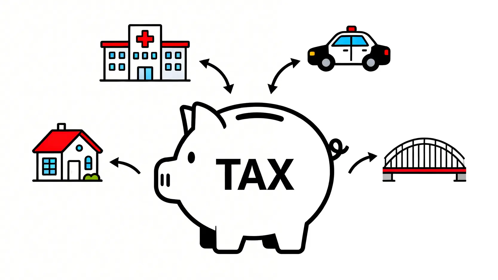 【台灣稅務懶人包】為什麼要繳稅?國稅、地方稅差別與常見稅金種類一次看懂 稅收用途示意圖,展示稅金如何被用於國防、交通、醫療和教育等公共服務。