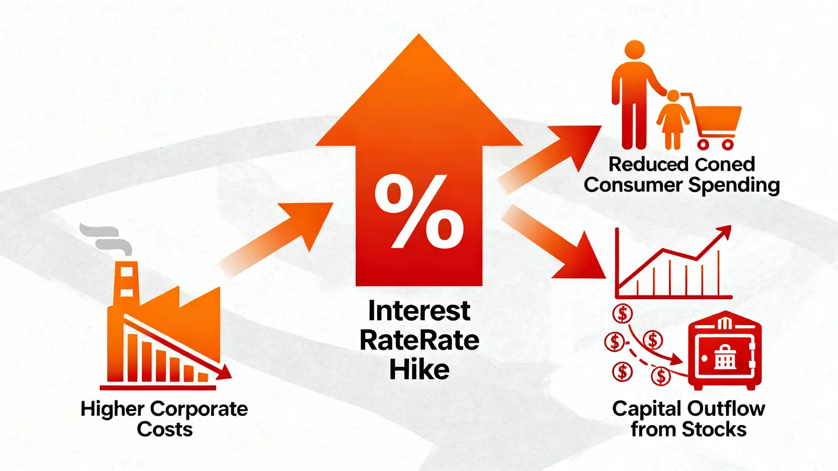 挖礦是什麼?一篇搞懂加密貨幣挖礦原理與意思【新手懶人包】 一張概念圖,顯示升息對股市的三大負面影響:企業借貸成本增加、民眾消費力下降,以及資金從股市流向固定收益產品。
