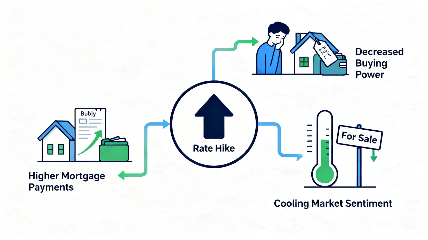挖礦是什麼?一篇搞懂加密貨幣挖礦原理與意思【新手懶人包】 一張示意圖,說明升息對房市的三重冷卻效應:房貸月付金增加、民眾購屋能力下降,以及市場觀望情緒變濃。