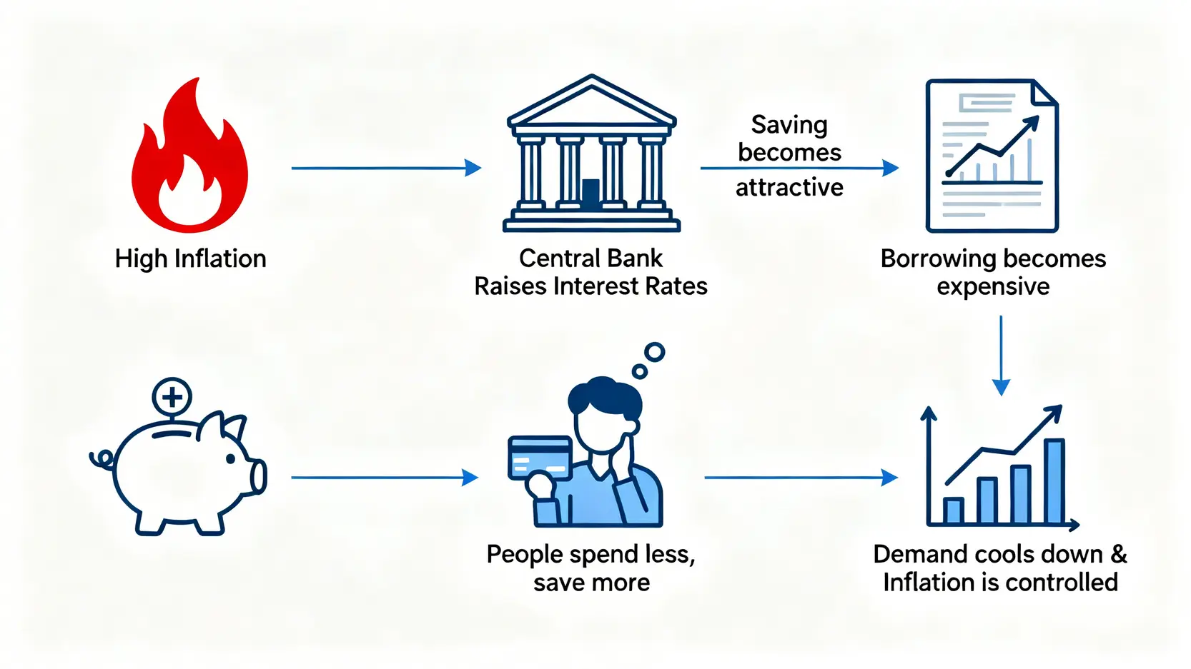 挖礦是什麼?一篇搞懂加密貨幣挖礦原理與意思【新手懶人包】 一張解釋升息如何抑制通膨的流程圖,從高通膨問題出發,到央行升息,再到儲蓄增加與借貸成本提高,最終達到需求降溫、控制通膨的結果。