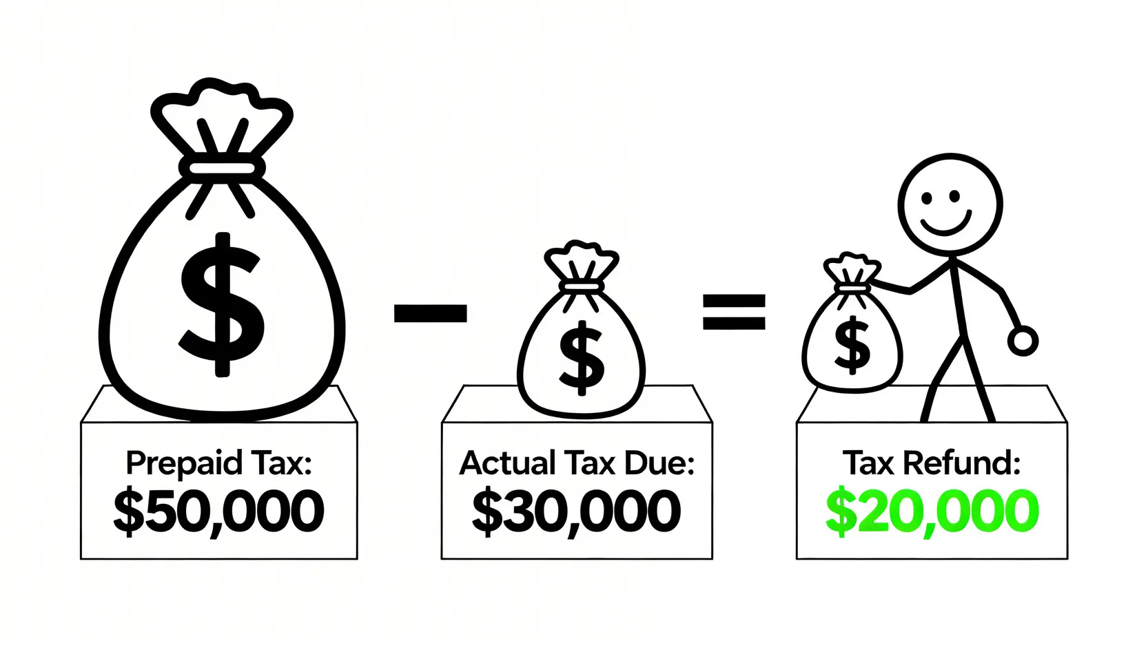 所得稅退稅查詢2026:3大退稅批次時間、資格、信用卡優惠全攻略 所得稅退稅原理示意圖,顯示當預繳稅額大於實際應納稅額時,差額即為退稅金額。