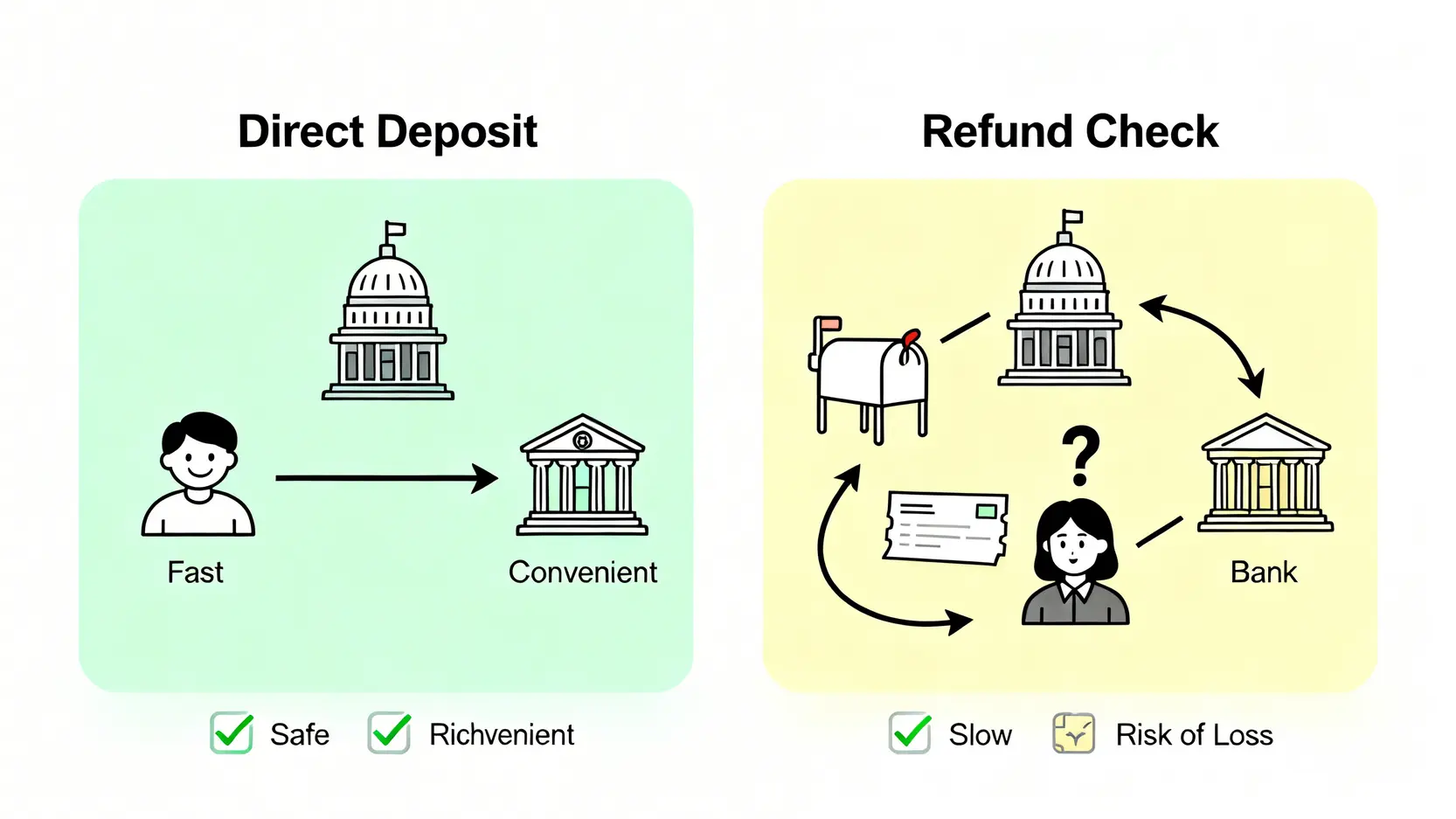 所得稅退稅查詢2026:3大退稅批次時間、資格、信用卡優惠全攻略 直撥退稅與退稅憑單的比較圖,顯示直撥退稅快速安全,而退稅憑單流程較慢且有遺失風險。