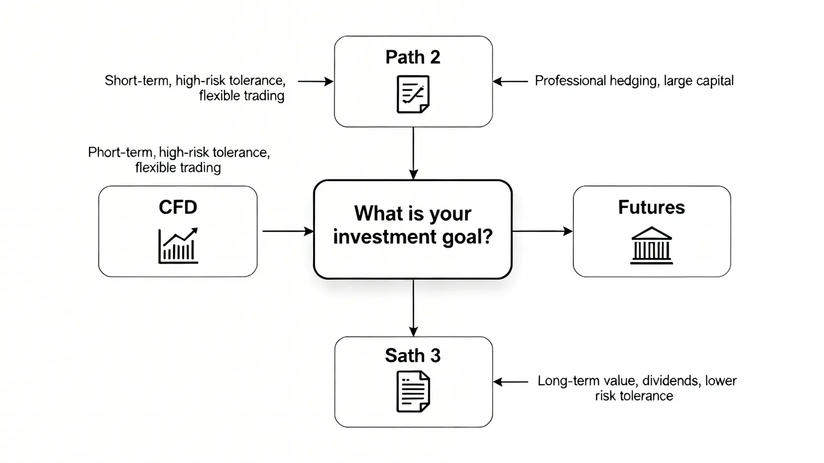 CFD是什麼?一篇搞懂差價合約意思、5大優勢與槓桿交易風險 投資工具選擇流程圖,根據投資目標區分CFD、期貨與股票。