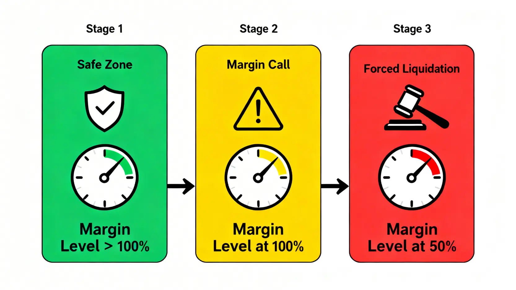 CFD風險全解析:從槓桿到強制平倉,新手必讀的避險指南 一張流程圖顯示CFD強制平倉的過程,從保證金維持率高於100%的安全區,到100%的警告區,最終到低於50%時觸發強制平倉。