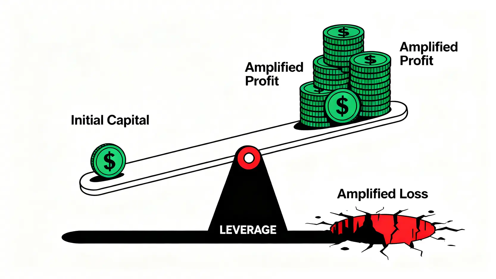 CFD風險全解析:從槓桿到強制平倉,新手必讀的避險指南 一張概念圖解釋差價合約槓桿的雙面刃效應,一個蹺蹺板一端是小額本金,另一端則同時顯示了被放大的巨額獲利與虧損。