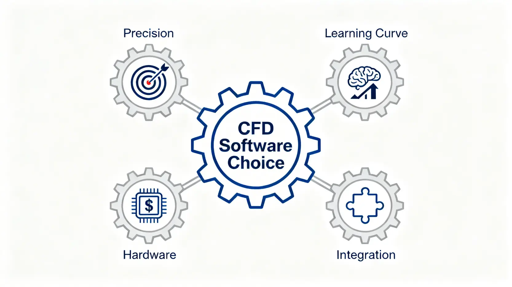 CFD軟體推薦:5款免費與商用CFD模擬軟體比較指南 選擇CFD軟體的五大關鍵評估指標示意圖,包含分析精度、學習曲線、預算、硬體與整合性。