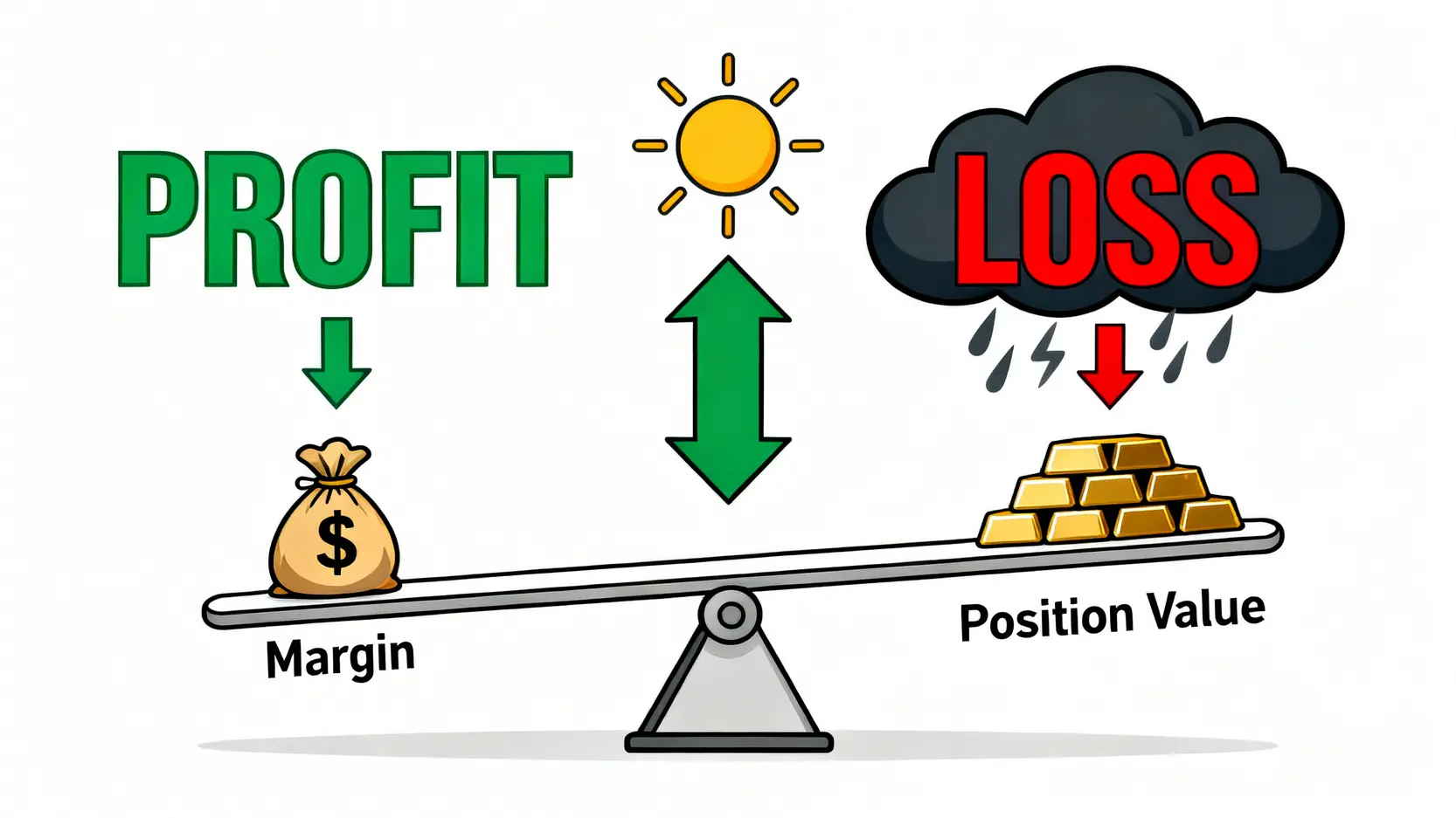 CFD期貨比較全攻略:交易成本、槓桿風險大PK,投資前必讀指南 槓桿是一把雙面刃的示意圖,天秤的一端是小額保證金,另一端是巨大的交易部位,顯示槓桿同時放大了潛在利潤與虧損。