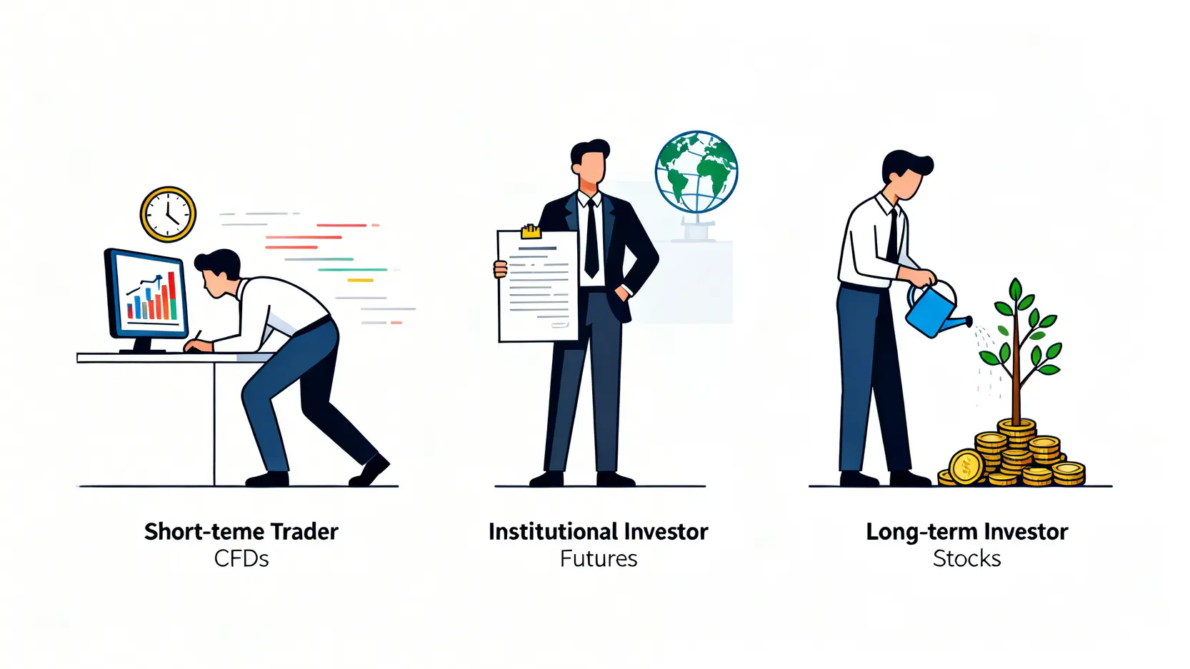CFD期貨比較全攻略:交易成本、槓桿風險大PK,投資前必讀指南 三種投資工具對應的不同投資者類型:CFD適合短線交易者,期貨適合專業投資者,股票適合長期價值投資者。