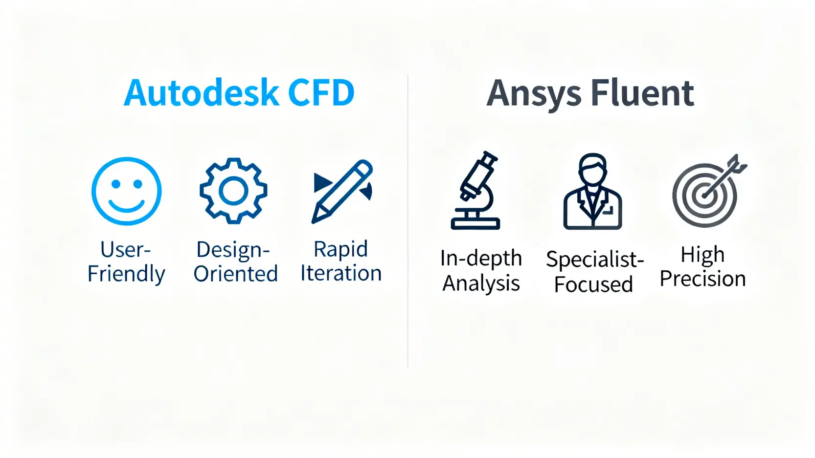 Autodesk CFD教學完全指南:從AutoCAD應用到價格方案一篇搞懂 Autodesk CFD與Ansys Fluent兩款軟體的選擇比較圖,突顯了兩者在易用性和分析深度上的不同定位。