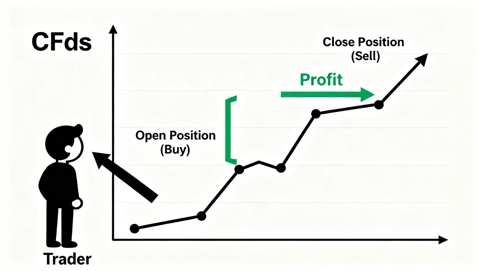 【CFD券商推薦】台灣5大差價合約平台比較,手續費與安全性全攻略 CFD差價合約運作原理示意圖,顯示交易者透過預測資產價格漲跌來獲利的過程。