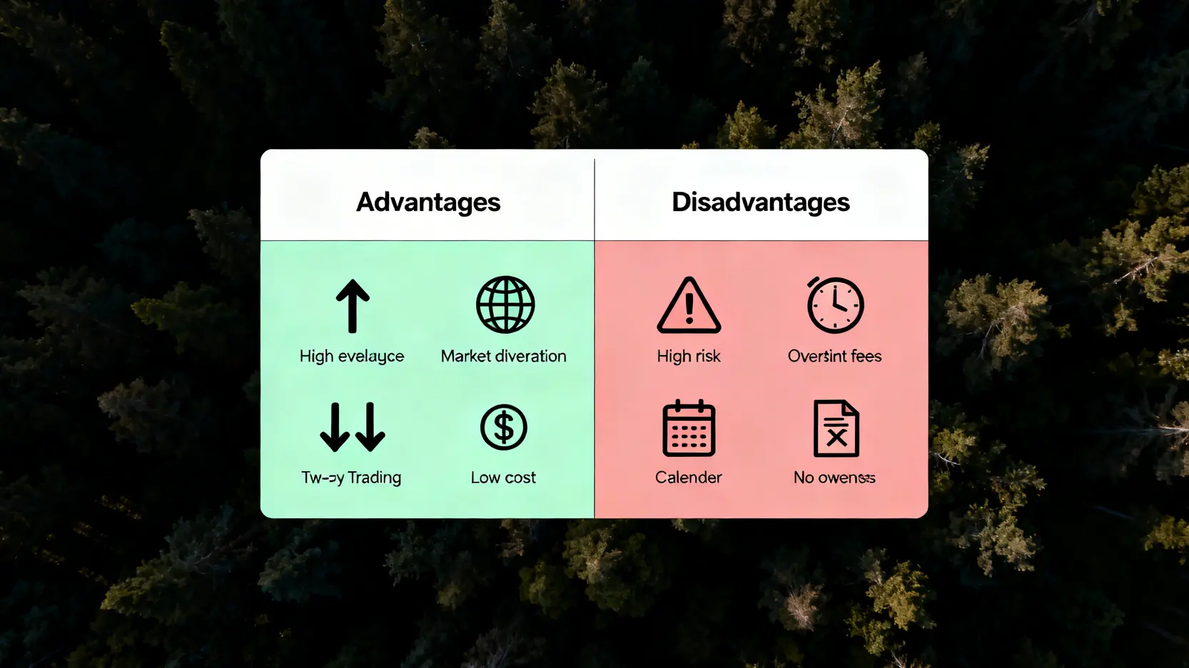 CFD交易策略:5個專家級MT4技術分析技巧,提升實戰勝率! CFD差價合約的優缺點對比圖,左側為優點如高槓桿和多空交易,右側為缺點如高風險和無所有權。