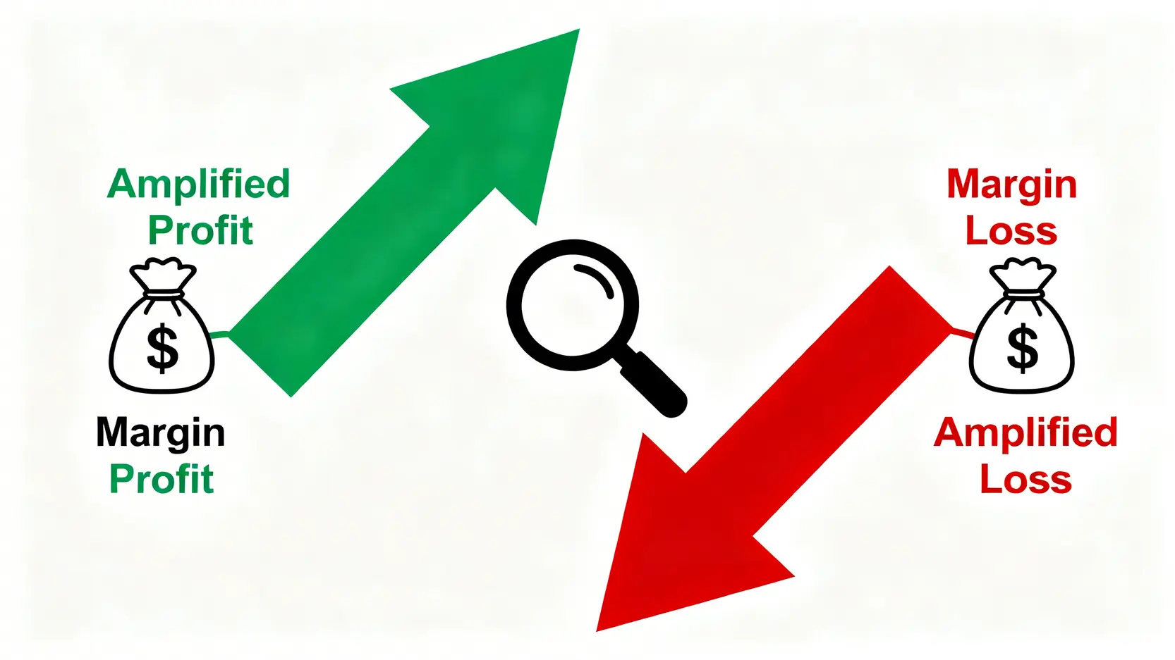 【CFD交易教學】差價合約怎麼玩?從開戶到下單5步驟完整指南 槓桿效應示意圖,顯示少量保證金在槓桿作用下,可能產生被放大的獲利或虧損,凸顯其雙面刃風險。