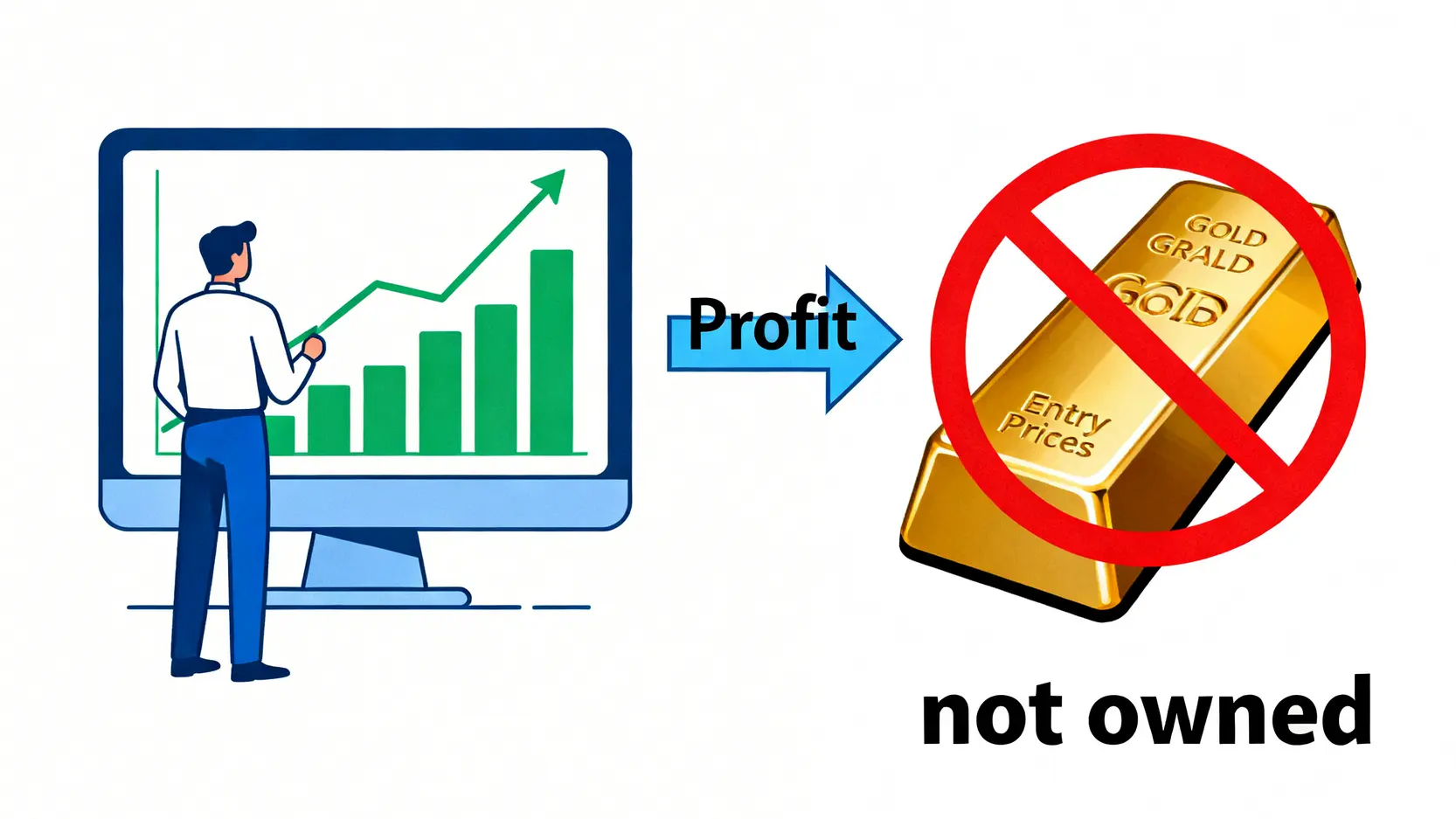 【CFD交易教學】差價合約怎麼玩?從開戶到下單5步驟完整指南 差價合約(CFD)概念圖,顯示交易者不持有實體黃金,僅透過預測價格漲跌的價差來獲利。