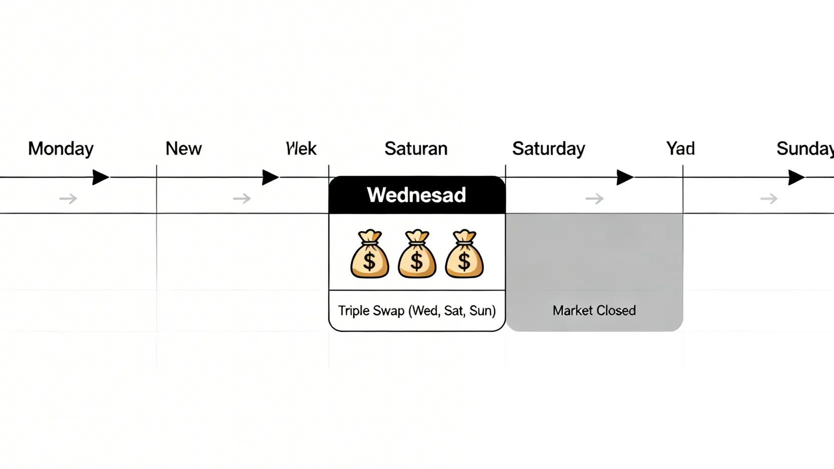 CFD手續費與隔夜利息全解析:搞懂差價合約成本計算,避開隱藏費用 週末三日利息(Triple Swap)的運作示意圖,顯示週三會一次性收取包含週六、週日共三天的隔夜利息。