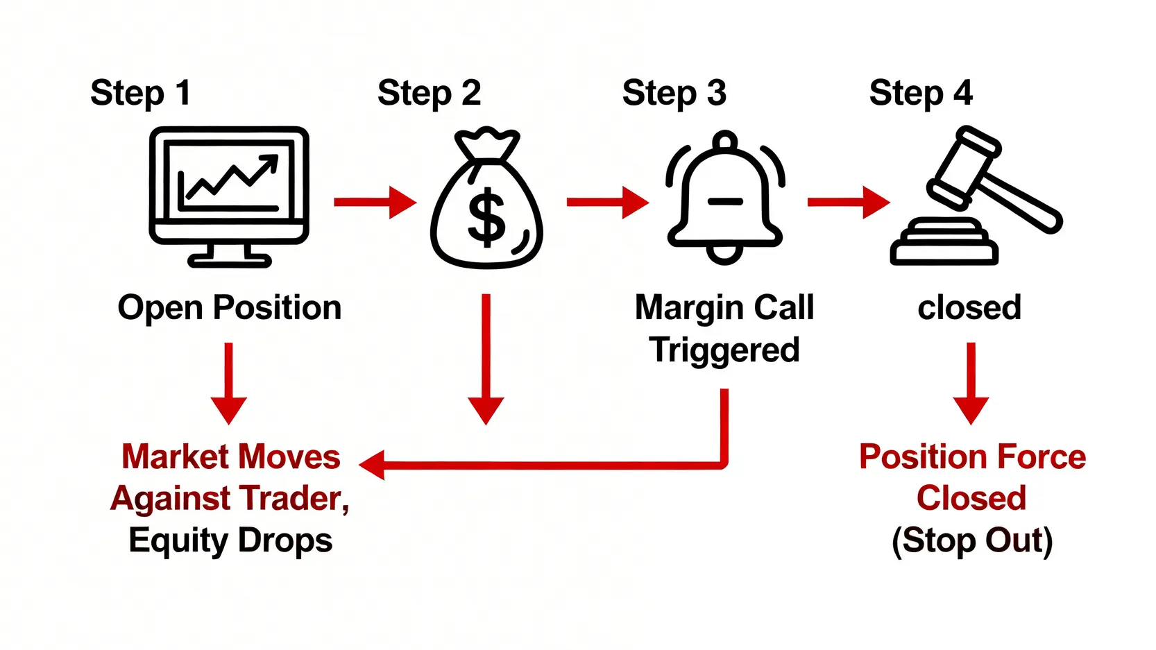 外匯CFD是什麼?與外匯保證金交易5大關鍵差異全解析 外匯交易強制平倉流程圖,說明從市場走勢不利、保證金不足到觸發強制平倉的四個步驟。