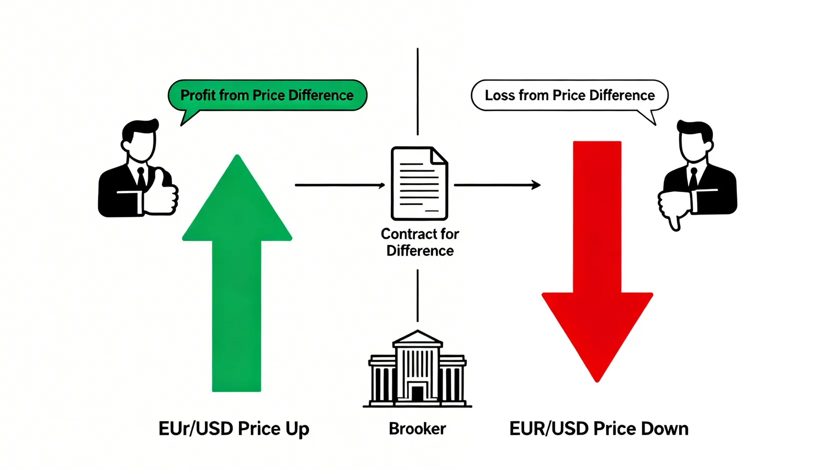 外匯CFD是什麼?與外匯保證金交易5大關鍵差異全解析 差價合約CFD運作原理示意圖,顯示交易者透過合約預測價格漲跌來獲利或虧損,而無需持有實際資產。