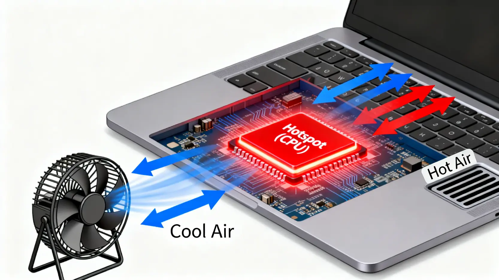 CFD應用領域全解析:從散熱分析到建築風場模擬的5大關鍵應用 CFD散熱分析示意圖,顯示冷空氣如何流過發熱的CPU晶片並帶走熱量,以優化筆記型電腦的散熱設計。