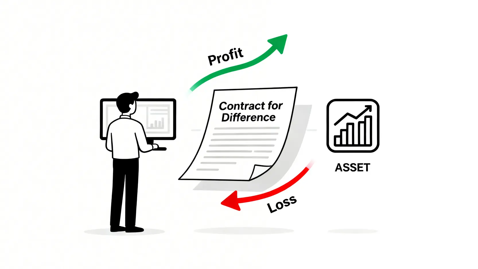 【IB CFD完整指南】Interactive Brokers差價合約能交易嗎?優缺點、手續費與開戶全解析 差價合約CFD核心概念圖,說明投資者不持有實際資產,僅交易價格差異的合約。