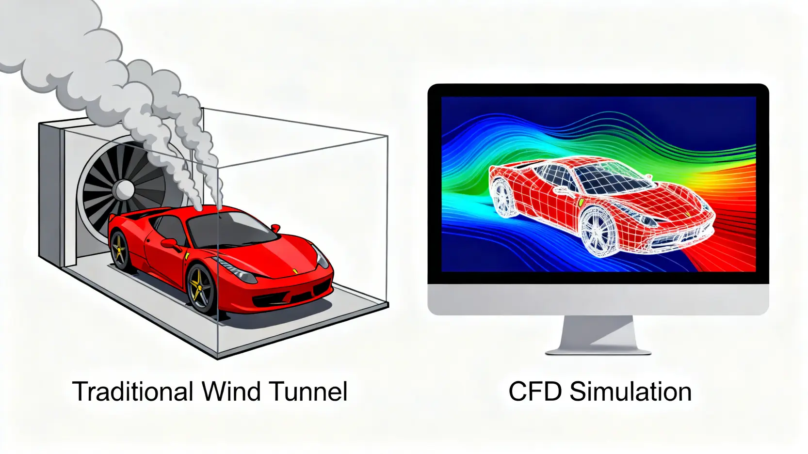 CFD入門完全指南:從計算流體力學到你的第一個CFD模擬 一張對比圖,左側是傳統風洞中的實體跑車模型,右側是電腦上進行CFD模擬的跑車3D模型與流場分析圖。