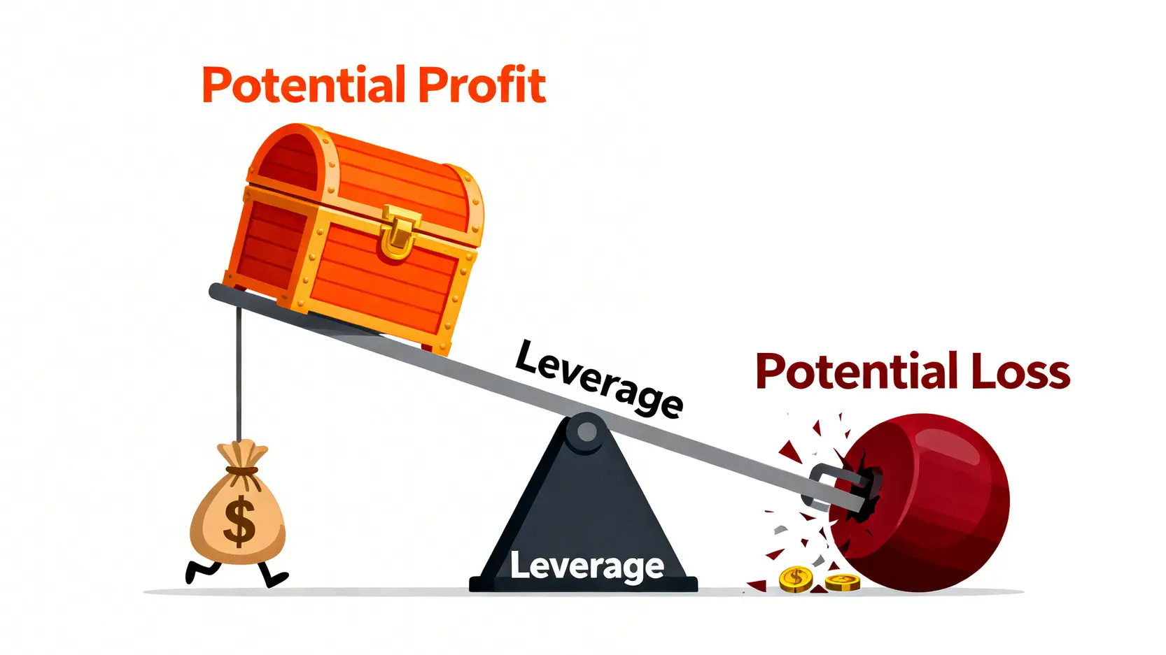 CFD開戶教學:5步完成差價合約線上開戶(附券商推薦比較) 槓桿效應示意圖,顯示槓桿可以同時放大潛在獲利與潛在虧損,如同一把雙面刃。