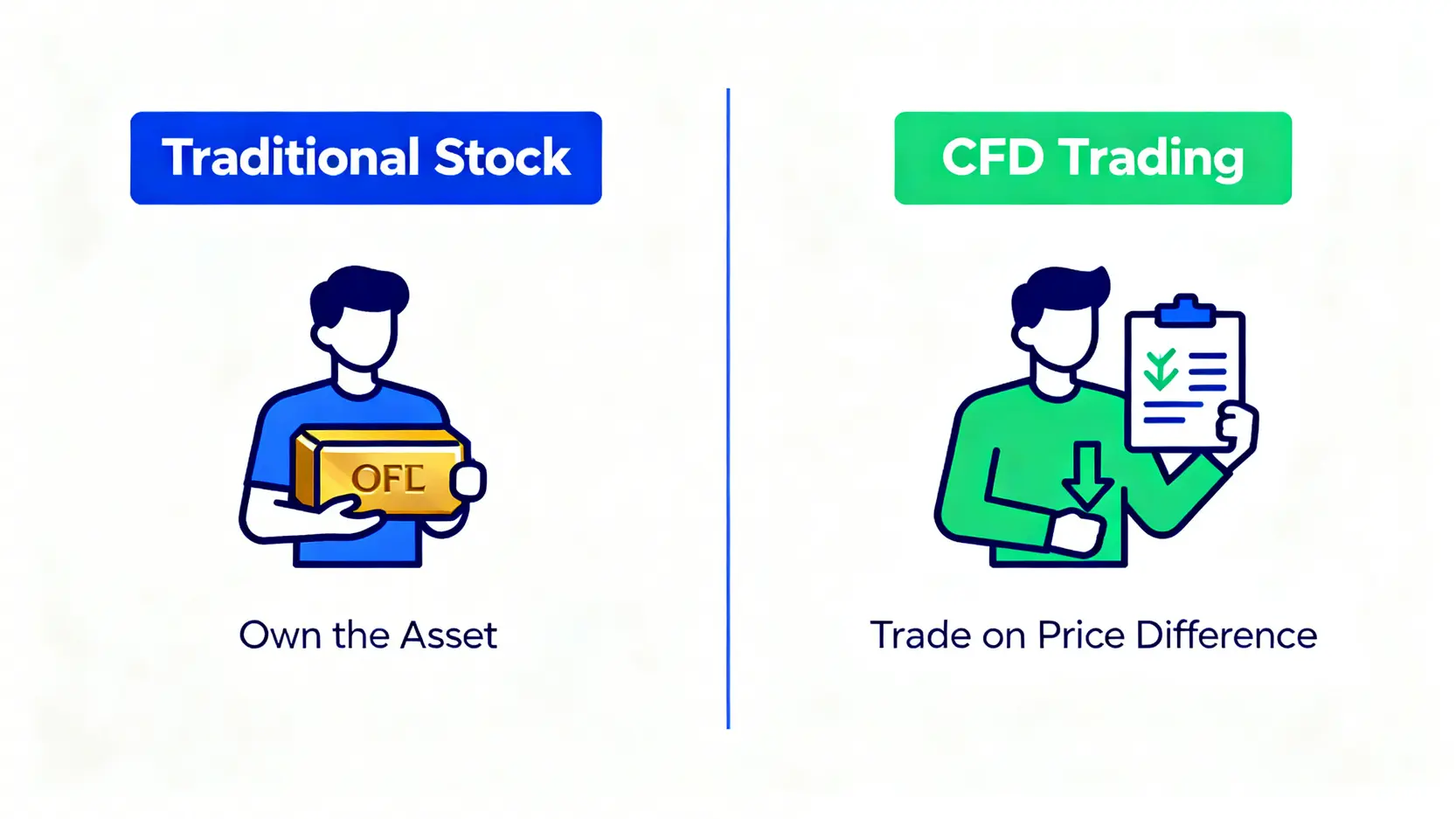 CFD開戶教學:5步完成差價合約線上開戶(附券商推薦比較) CFD差價合約與傳統股票投資的對比圖,左邊是實際擁有資產,右邊是交易價格差異合約。