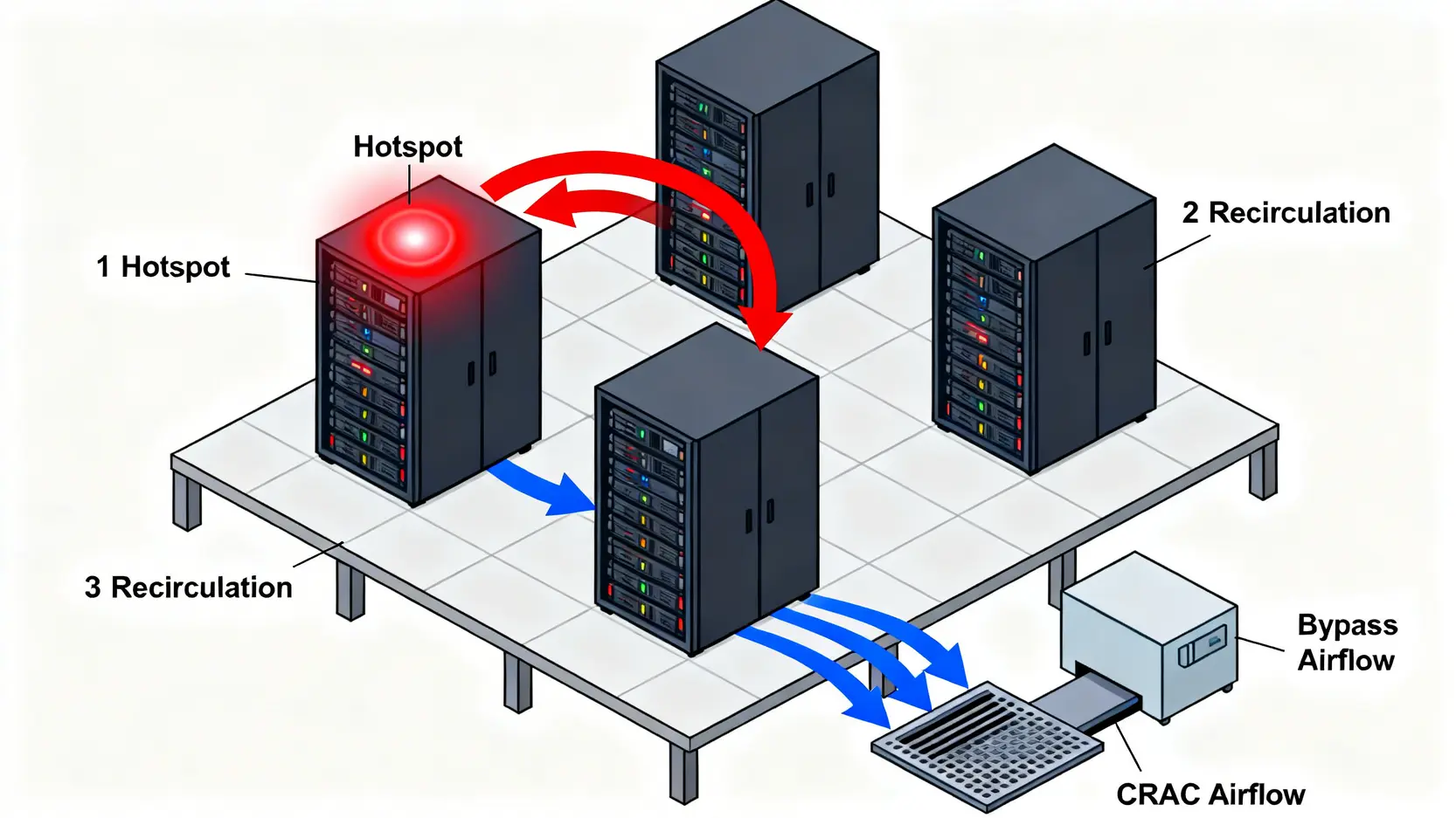 機房總是過熱?一篇看懂如何用CFD模擬優化數據中心散熱 一張圖解釋數據中心三大散熱問題:熱點、氣流再循環與旁路氣流。