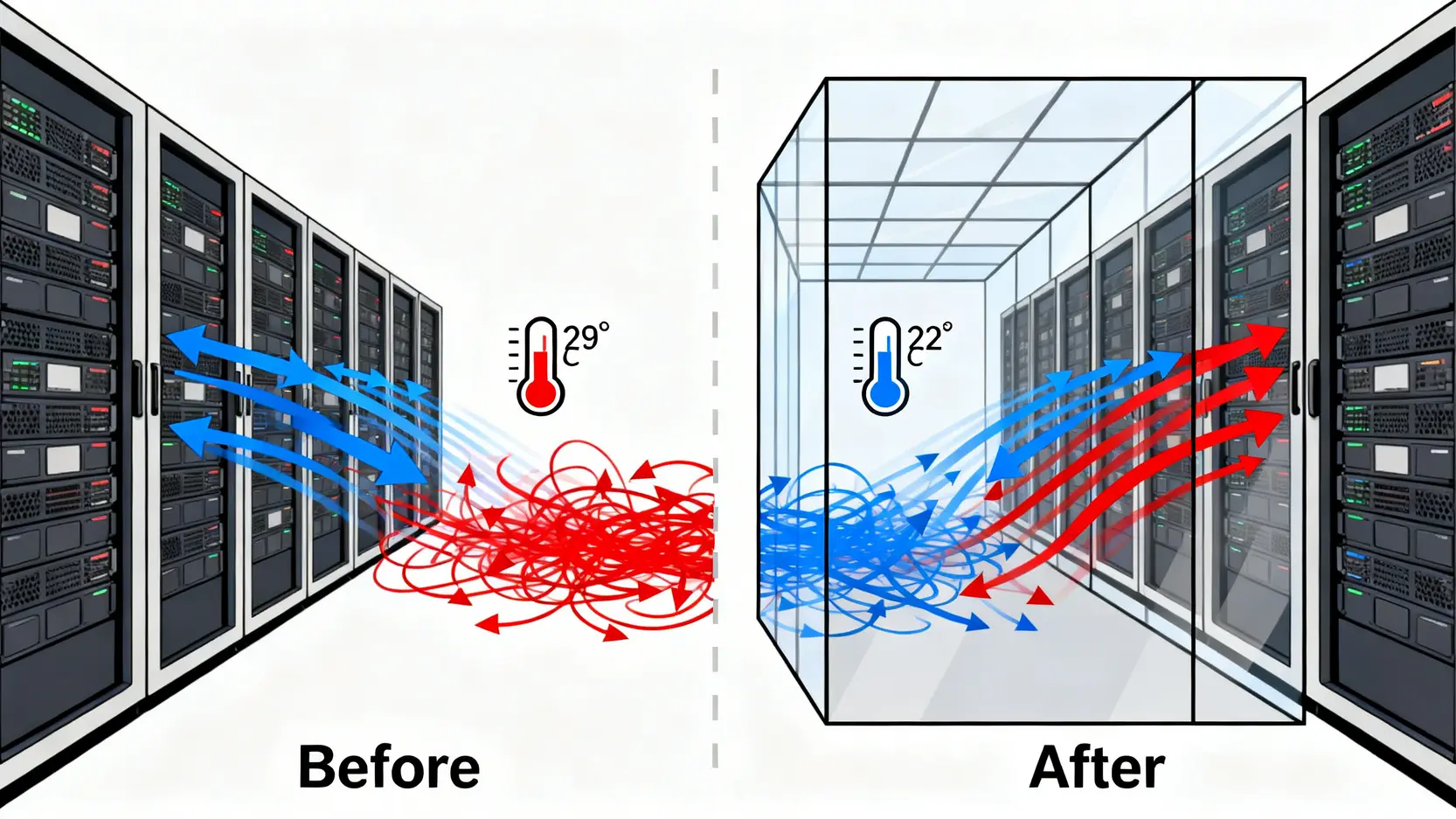 機房總是過熱?一篇看懂如何用CFD模擬優化數據中心散熱 冷熱通道封閉策略的成效對比圖,顯示優化前氣流混亂與優化後氣流井然有序的狀況。