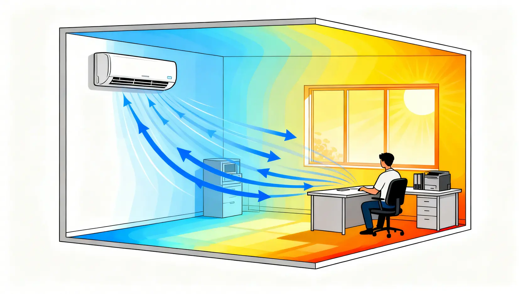 建築CFD終極指南:HVAC分析與室內通風模擬實戰 HVAC CFD分析模擬圖,展示辦公室內的空調氣流路徑與溫度分佈熱圖。