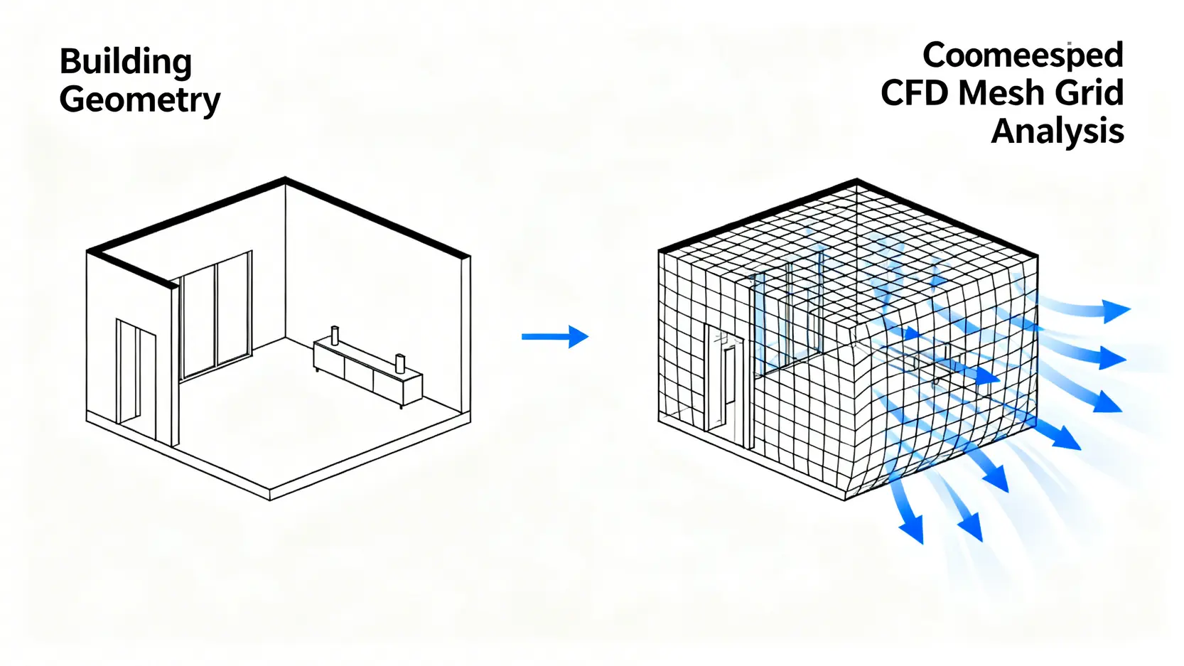 建築CFD終極指南:HVAC分析與室內通風模擬實戰 建築CFD分析原理示意圖,展示一個房間被切分成無數網格以模擬空氣流動。