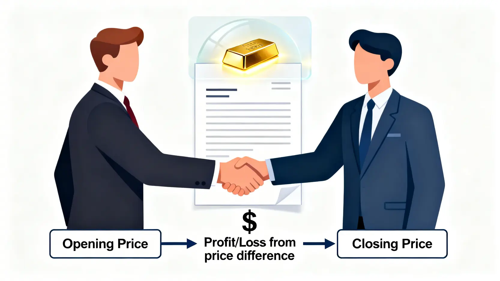黃金CFD、原油CFD是什麼?一篇看懂商品差價合約交易的優點、風險與入門策略 商品差價合約CFD運作原理示意圖,顯示交易者與經紀商交換合約而非實體資產。