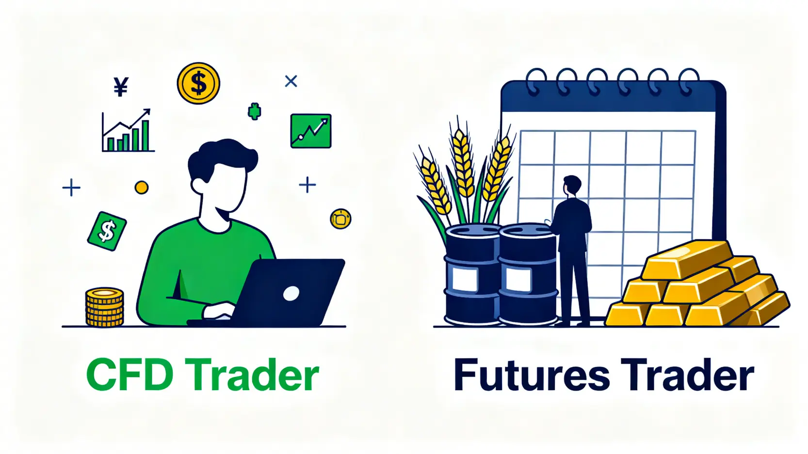 CFD vs 期貨?從交易成本到合約規格的5大核心差異 適合CFD與期貨的投資人畫像對比,左邊是追求靈活多元的小資金交易者,右邊是進行長線佈局或避險的大資金投資者。