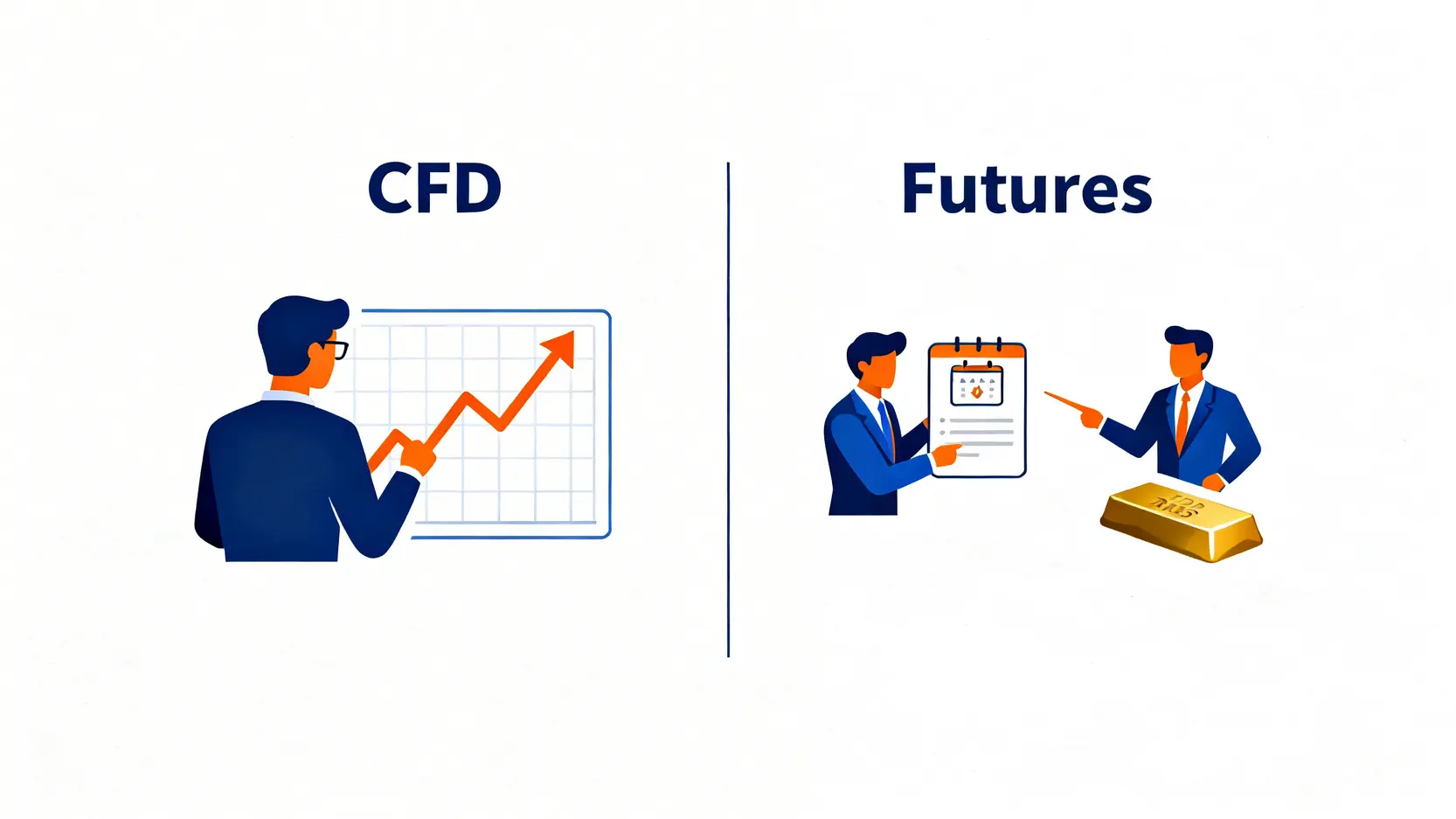 CFD vs 期貨?從交易成本到合約規格的5大核心差異 CFD與期貨的核心概念對比圖,左邊是CFD交易價格差異,右邊是期貨約定未來交割資產。