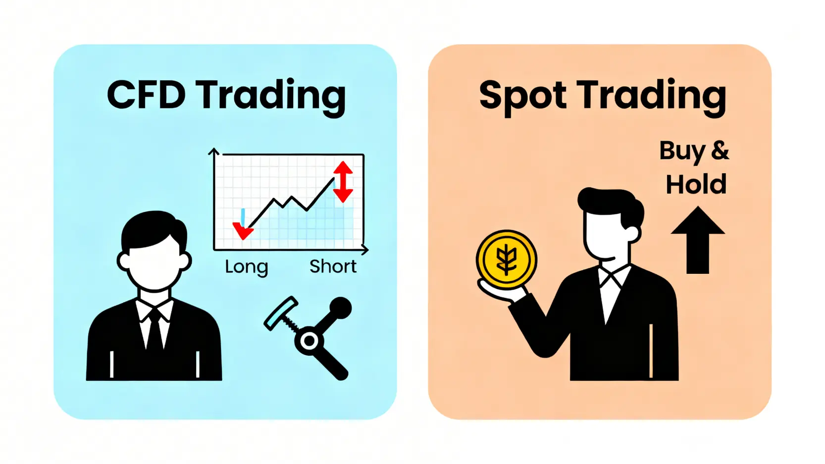 比特幣CFD是什麼?2026新手教學:5步驟開始交易BTC差價合約 比特幣CFD與現貨交易的對比圖,突顯了CFD可雙向交易和使用槓桿的特點,而現貨交易則是實際持有資產。