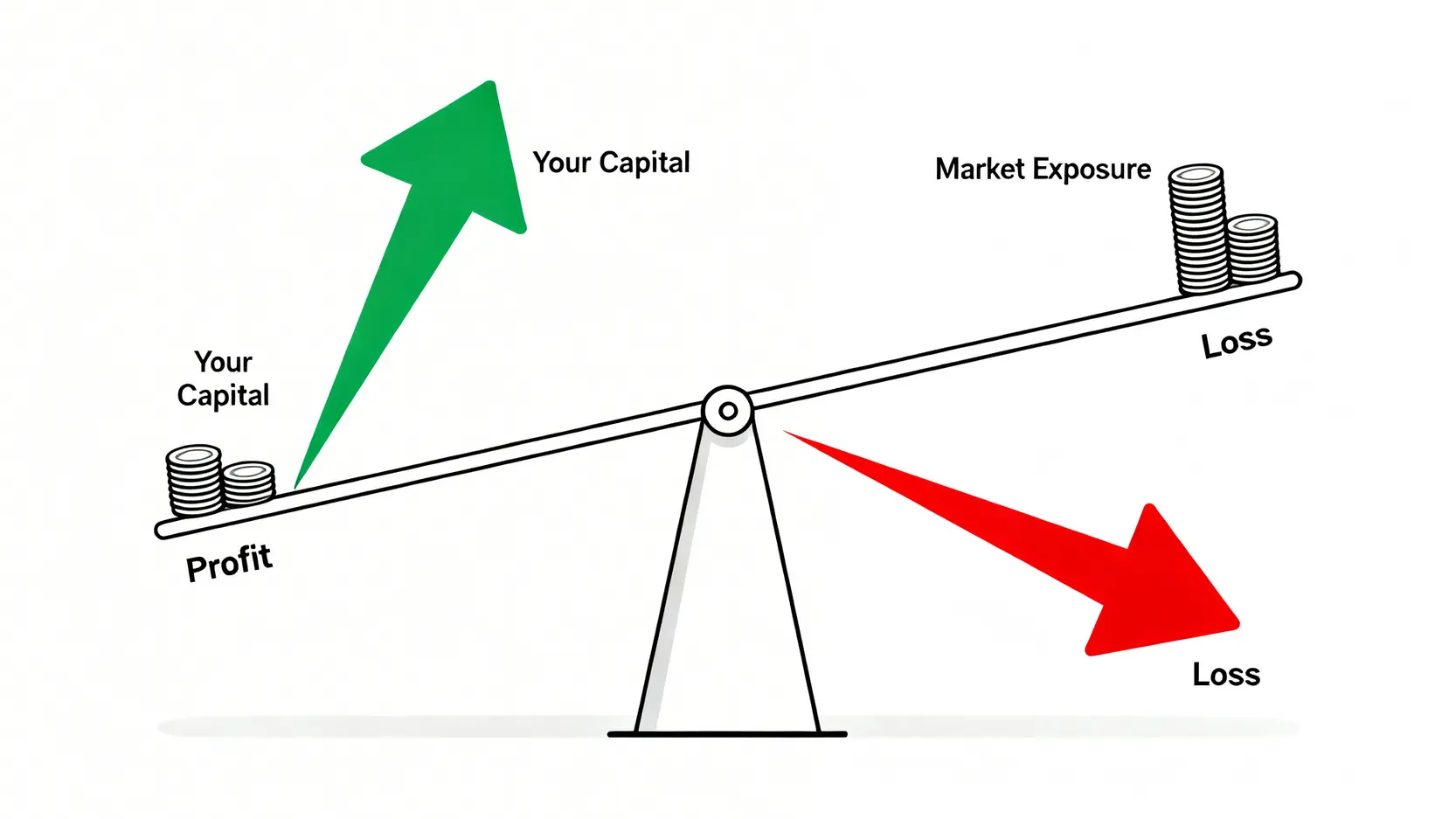【2026 CFD券商推薦】Top 5差價合約交易平台排名,手續費、監管、點差全方位比較! 槓桿交易的雙面刃效應圖,顯示小額本金如何透過槓桿撬動巨大市場部位,同時放大潛在的利潤與虧損。