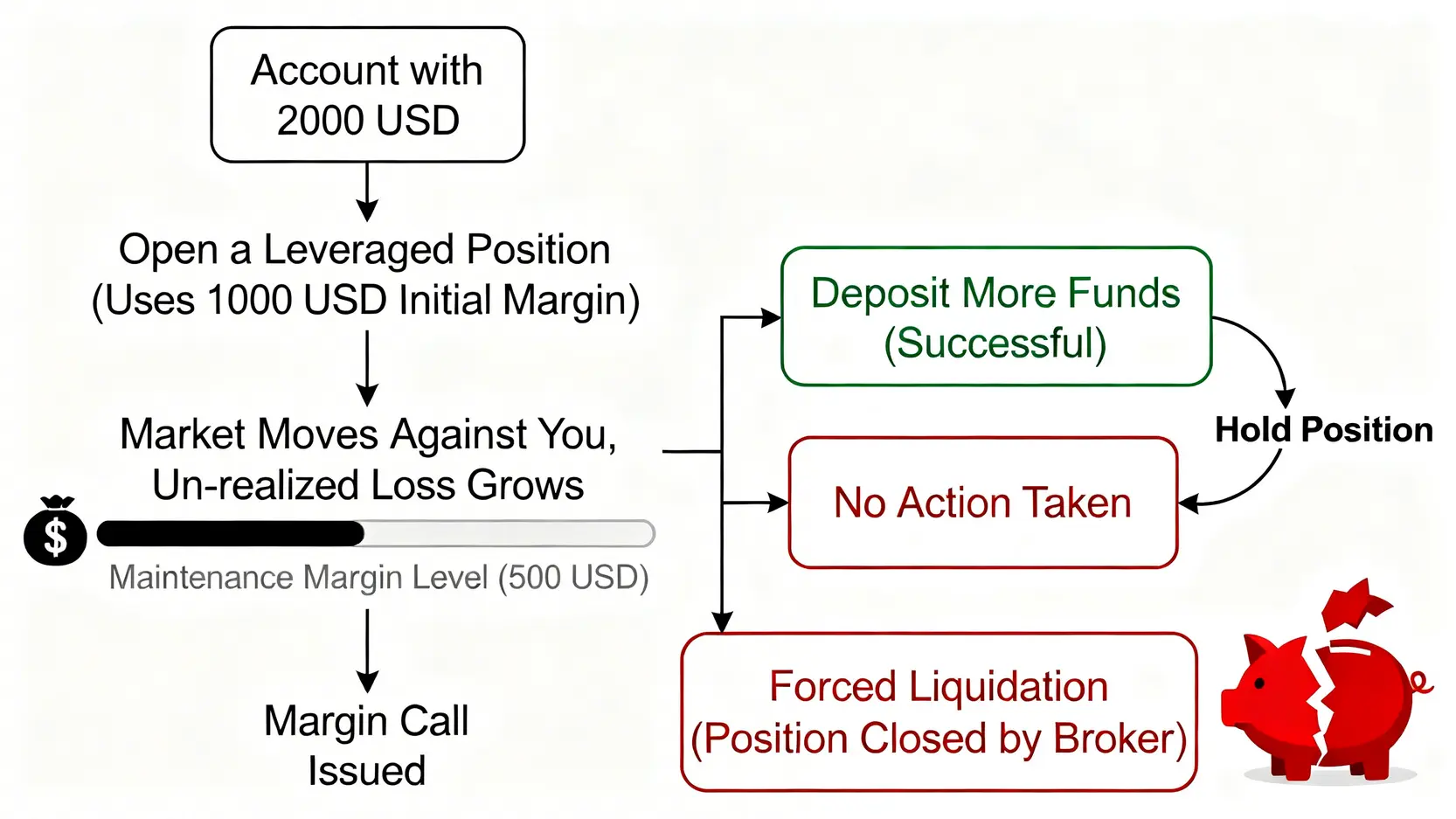 槓桿交易是什麼?新手必看保證金交易教學、風險與計算全攻略 一張解釋強制平倉流程的圖表,從帳戶虧損、跌破維持保證金、觸發追加保證金通知,到最終被強制平倉的過程。