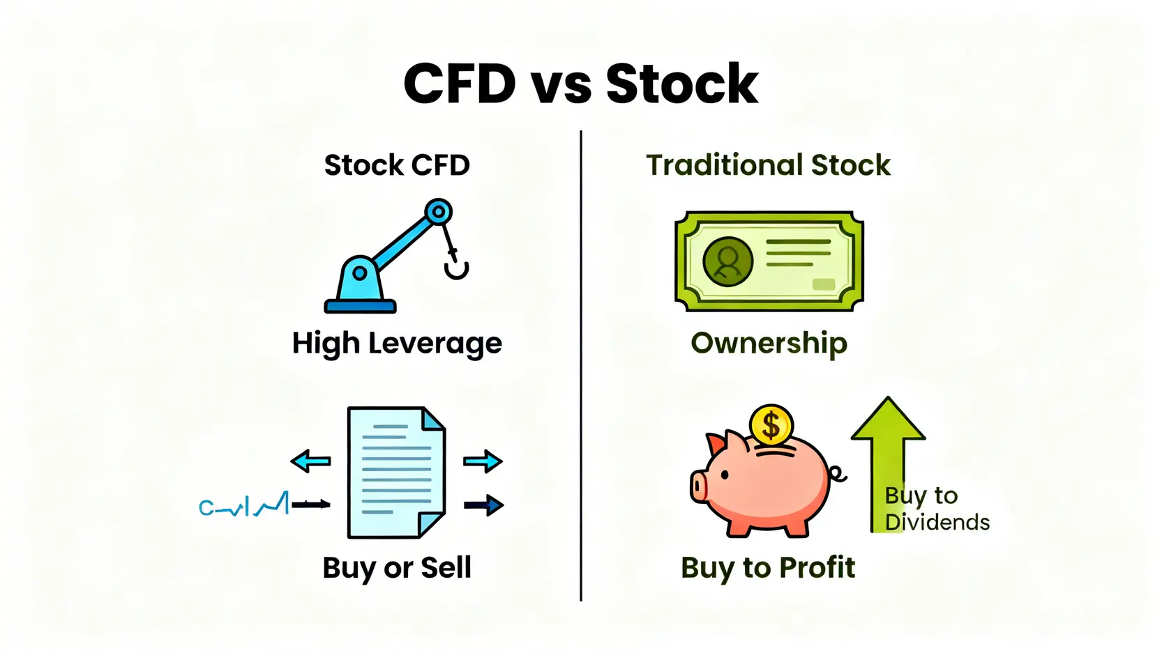 CFD vs 股票哪個好?5大核心差異與優缺點全解析 股票CFD與傳統股票的五大核心差異對比圖,包含所有權、槓桿、交易方向、成本與股東權益。