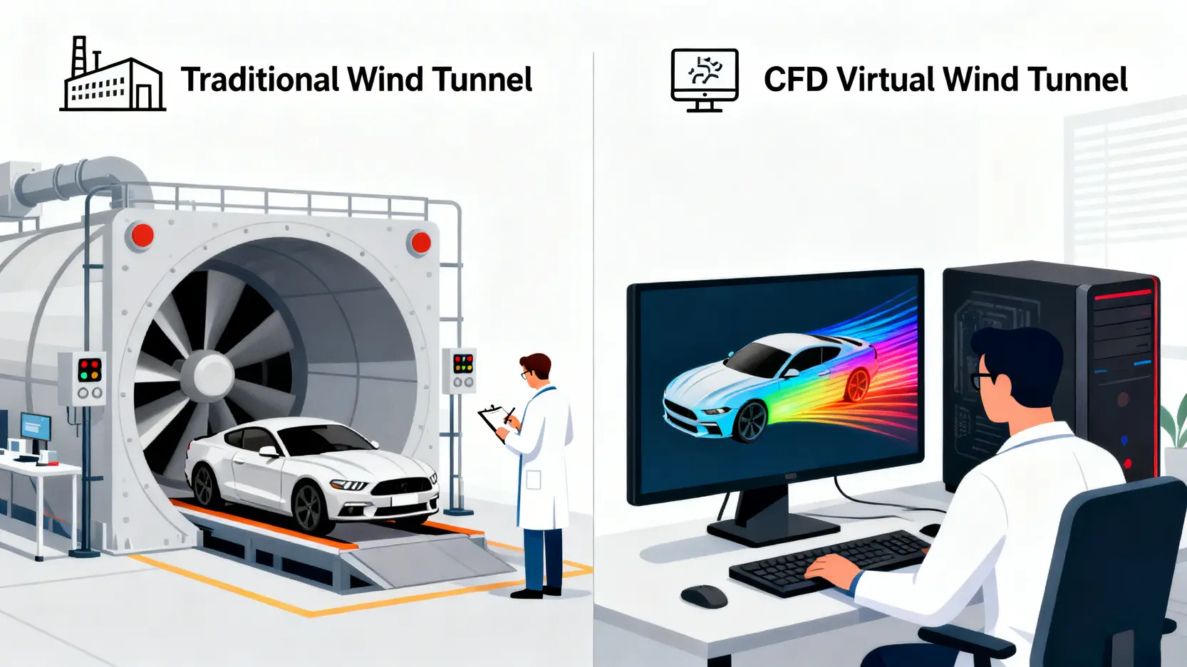汽車CFD是什麼?終極指南,用虛擬風洞優化車輛空氣動力學 傳統風洞與CFD虛擬風洞的對比圖,左側是實體模型測試,右側是電腦數位模擬。