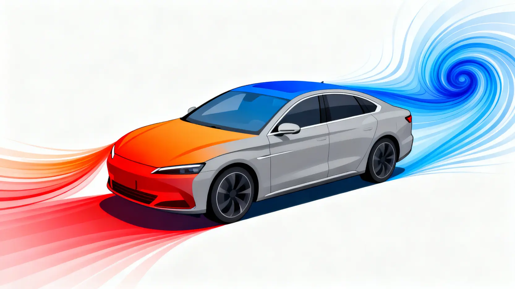 汽車CFD是什麼?終極指南,用虛擬風洞優化車輛空氣動力學 汽車CFD模擬示意圖,展示了空氣如何流過一輛轎車,並以不同顏色標示出車身的壓力分佈。