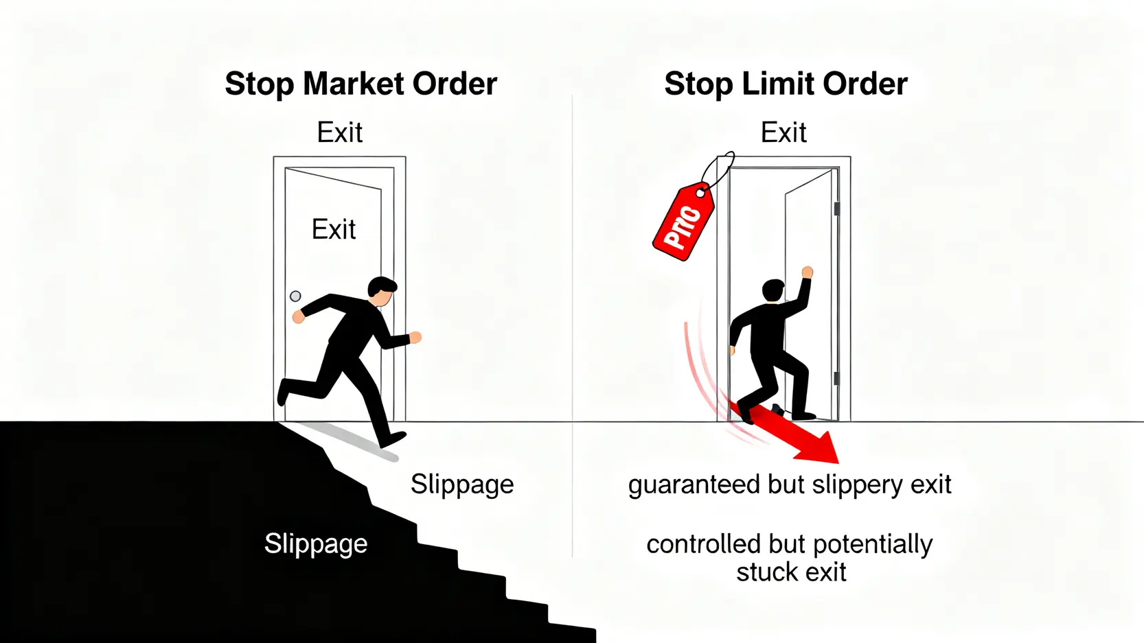 停損怎麼設?5種停損點設定技巧,教你避開虧損陷阱 市價停損單與限價停損單的對比圖。左邊顯示一人快速賣出但有滑價風險,右邊顯示一人想在特定價格賣出但因價格下跌太快而無法成交。