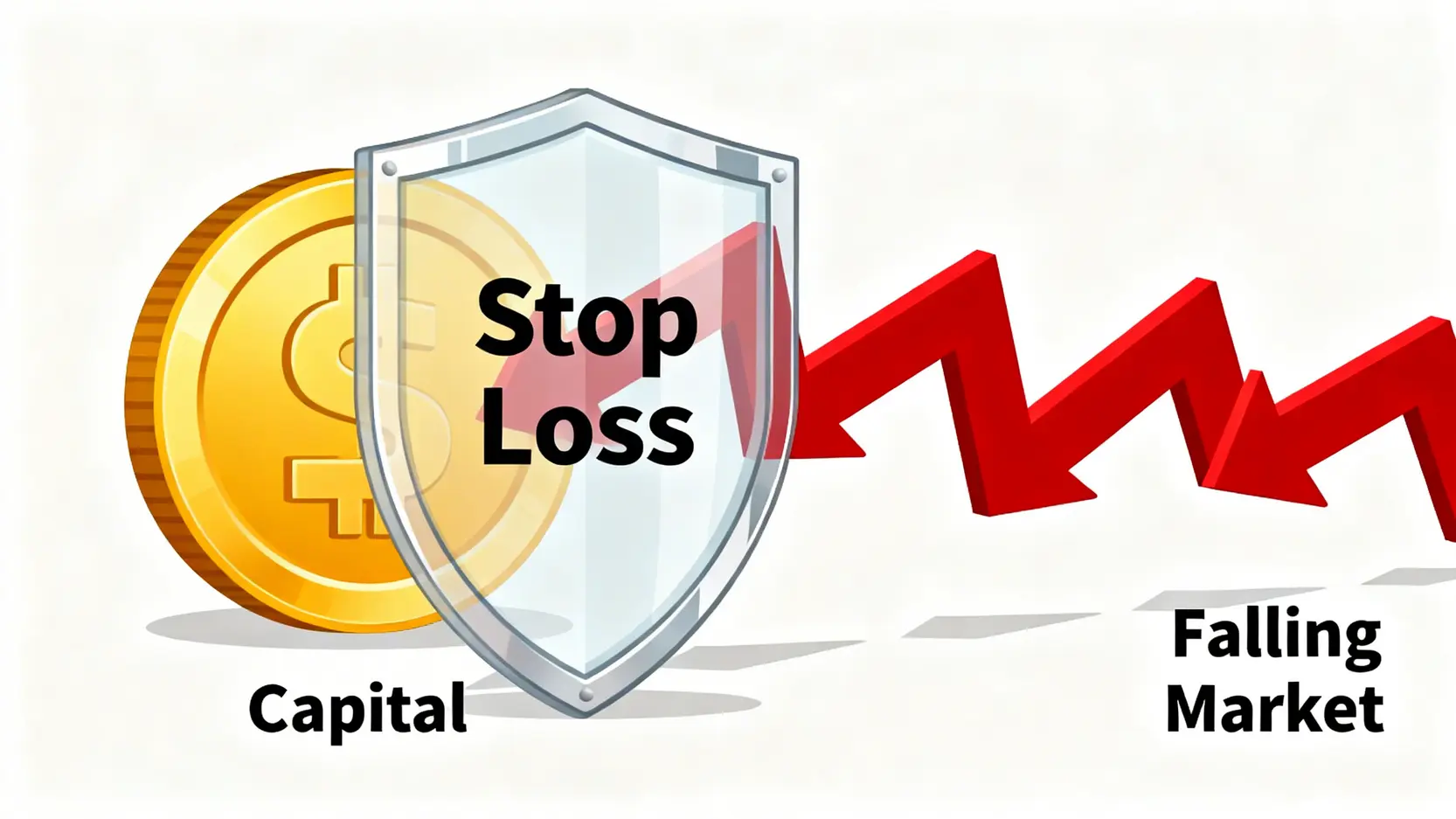 停損怎麼設?5種停損點設定技巧,教你避開虧損陷阱 一張概念圖,展示了一個標有「停損」的盾牌,保護著一枚金幣(代表本金)免受市場下跌的紅色箭頭衝擊。