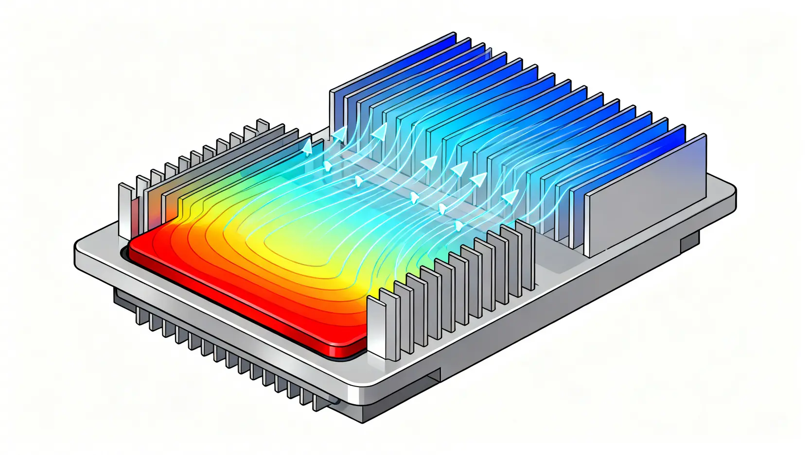 【ANSYS Fluent教學】最新入門指南:5步驟搞懂CFD模擬設定 CPU散熱片CFD熱流分析結果的溫度分佈等高線圖與流線圖。