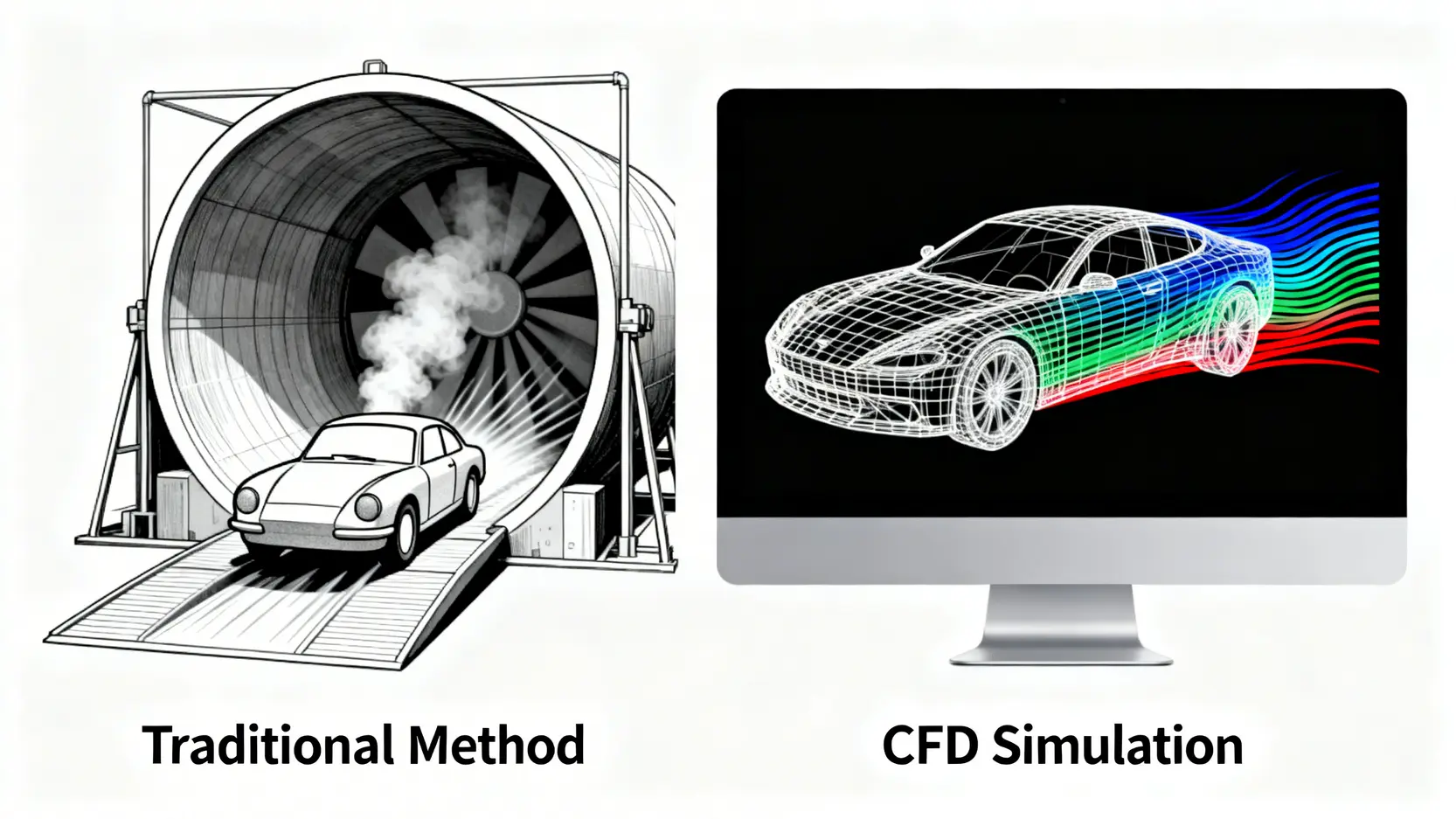 【ANSYS Fluent教學】最新入門指南:5步驟搞懂CFD模擬設定 CFD模擬與傳統風洞測試的對比圖,展示了從實體模型到數位模擬的演進。